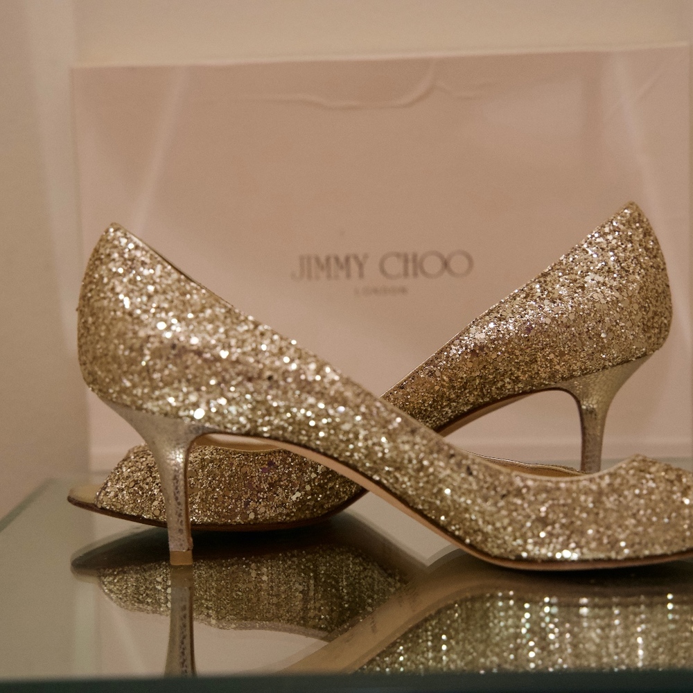 [SOLD] Jimmy Choo Glitter Isabel Peep Toe Pumps